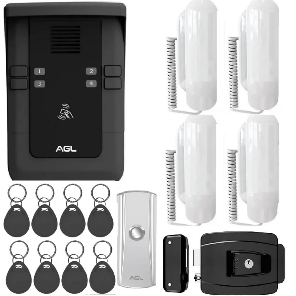 Kit porteiro coletivo S500-4 pontos com 4 interfones P100 8 Tags botoeira e fechadura AGL