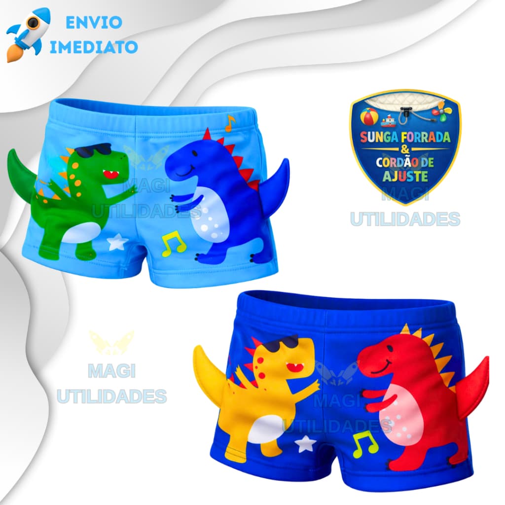 Sunga Boxer Bebê Infantil Kids Forrada Proteção Solar Uv50+ de Dinossauro para Praia Piscina