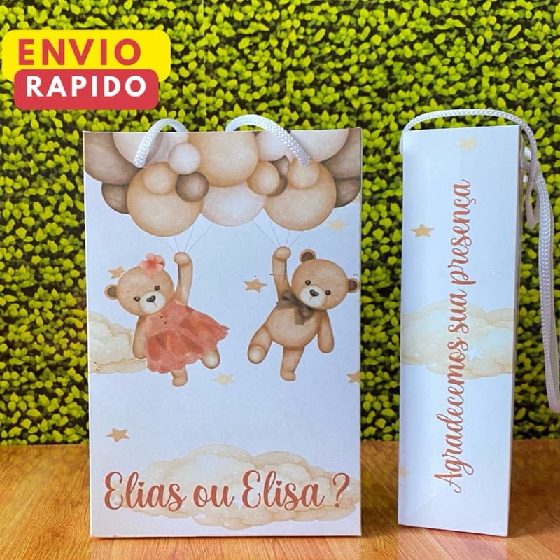 Sacolinha Personalizada  Chá de Bebê Ursinho Marron e Salmão - Chá Revelação PEGUE E MONTE