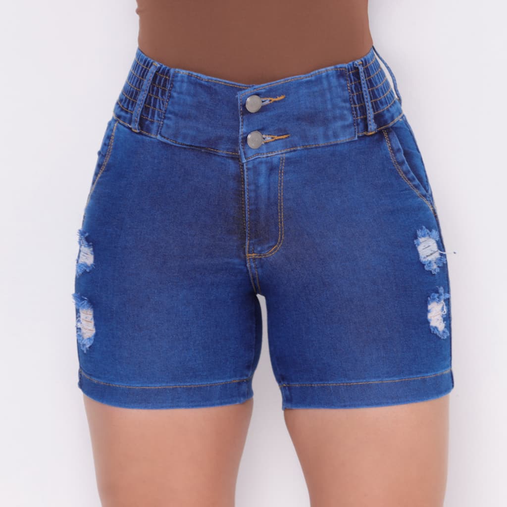 Short Jeans Feminino Meia Coxa Elástico No Cós Cintura Alta Empina Bumbum Com Elastano