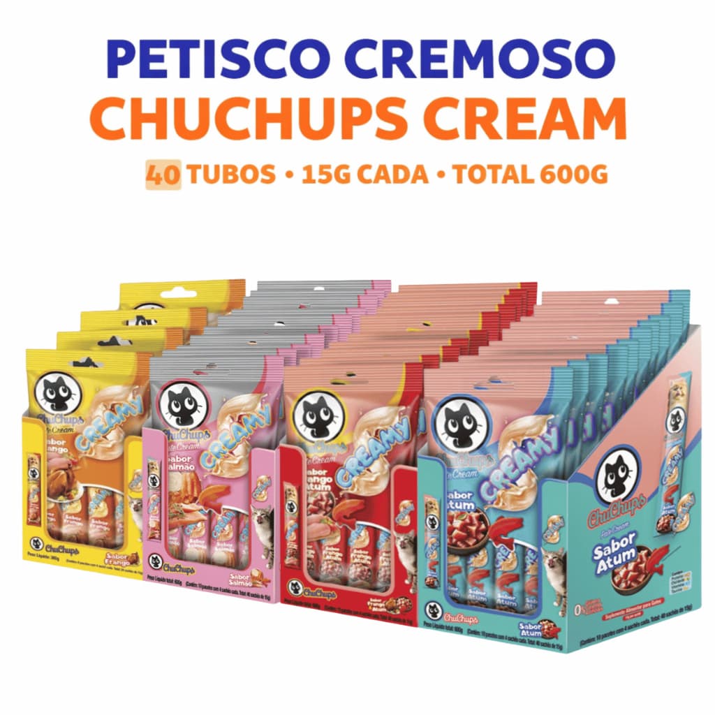 Petisco Gato Chuchups Cream Display 40x15g Sabores Atum, Salmão, Frango, Frango com Atum
