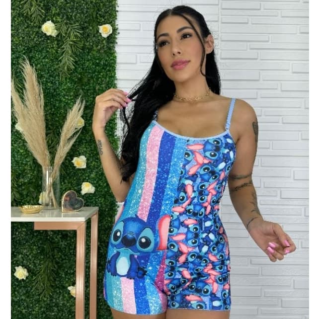 Pijama Conforto Macaquinho Alça Fina Com Regulagem Estampado Personagem Moda Para Dormir Feminina