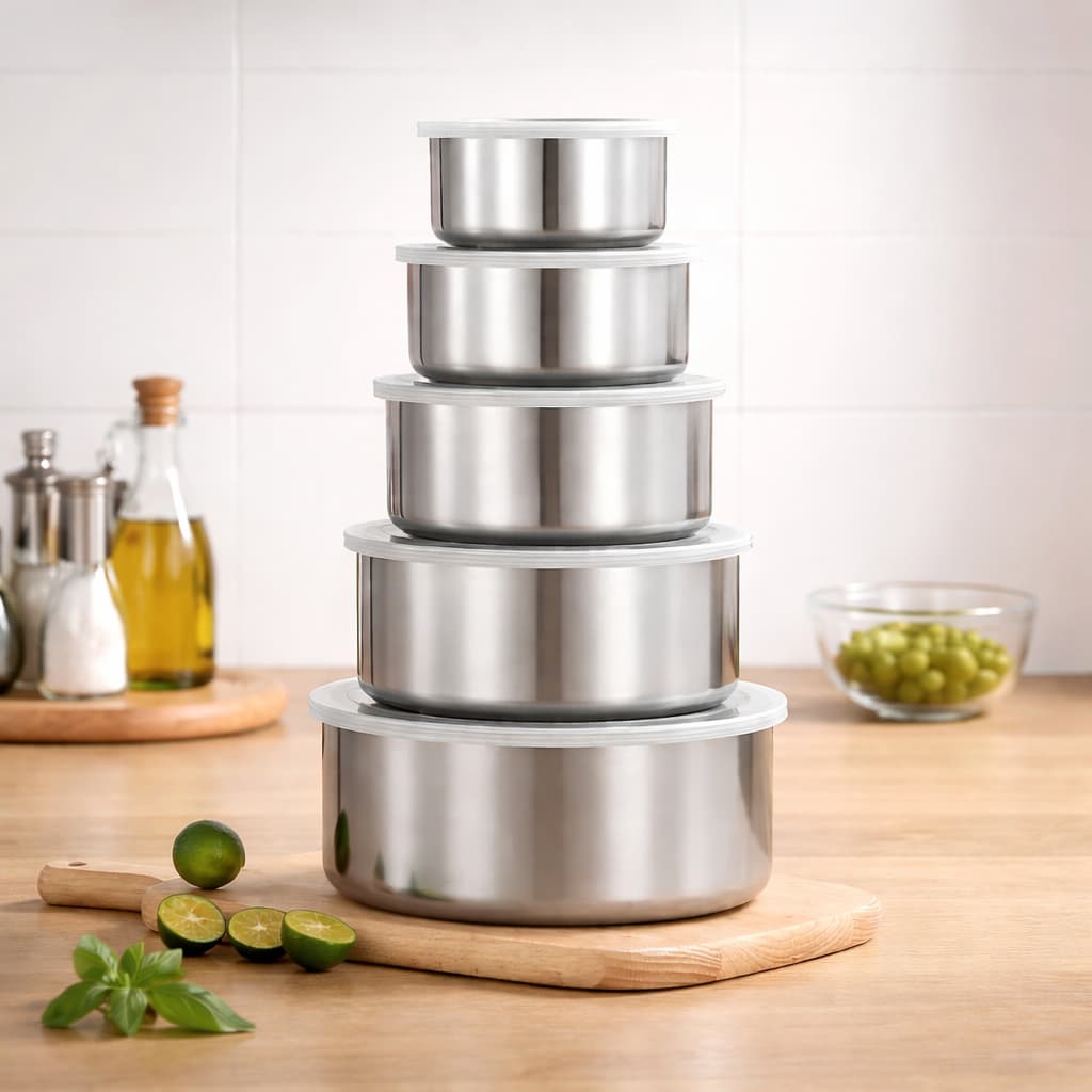 Promoção Kit 5 Jogo Potes Tigelas em Inox Alumínio Com Tampa Redondo Para Armazenagem Alimentos