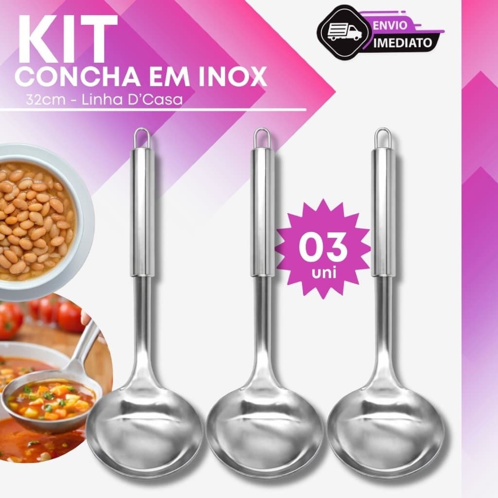 Concha 32cm para Cozinha Inox Utensílio Servir Sopas Caldos Molhos Resistente Durável Restaurante
