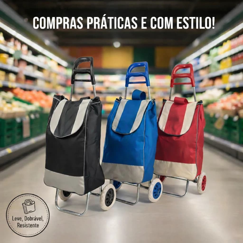 Carrinho de Feira Dobrável com Rodinhas e Bolsa – Compras Mercado Sortido