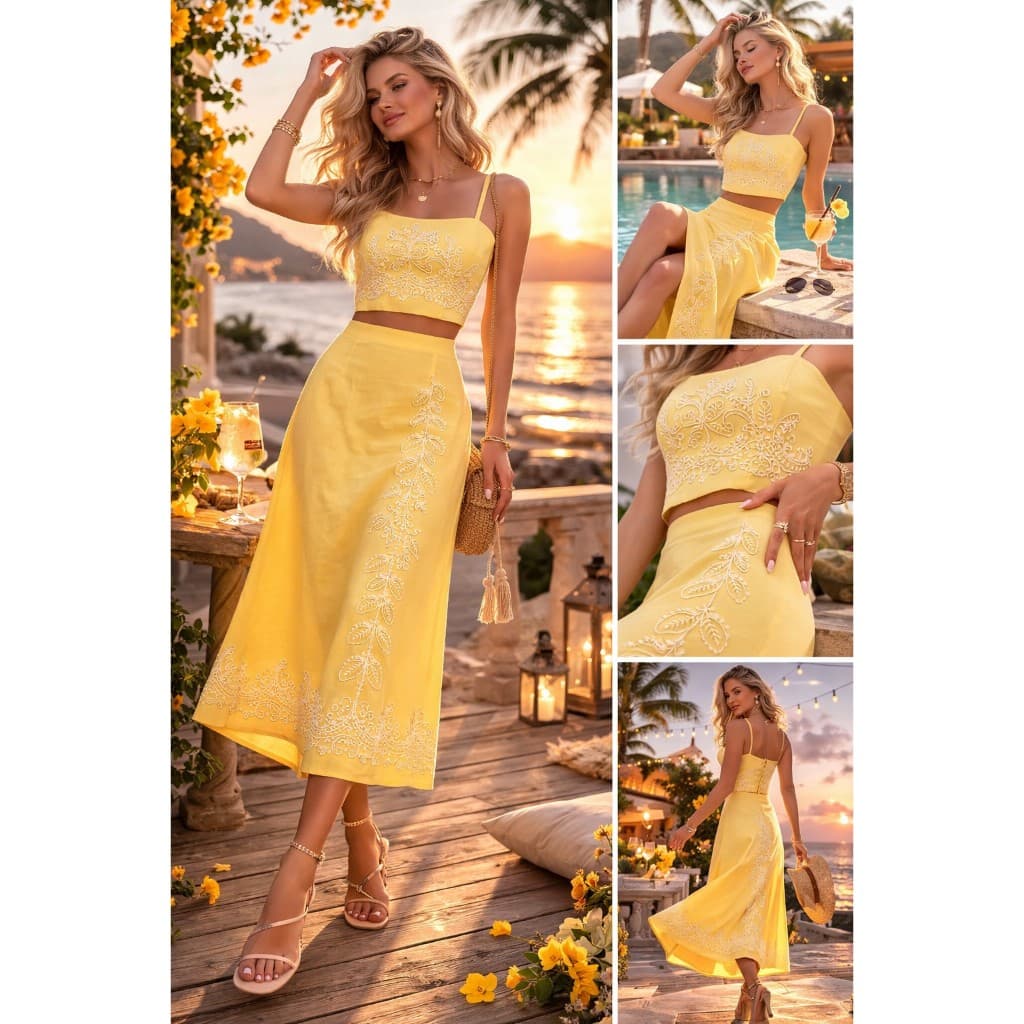 Conjunto Feminino Off White Top e Saia Midi Elegante Poliéster com Elastano Verão