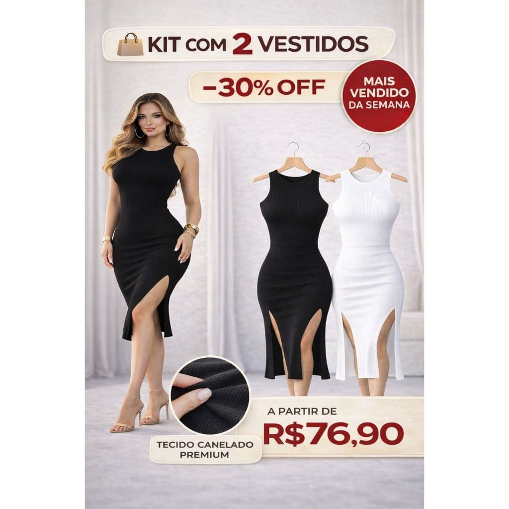 kit vestido Feminino Midi Canelado Casual Gringa Tubinho justo plussize gestante elegante c Fenda Lateral tendencia 2026