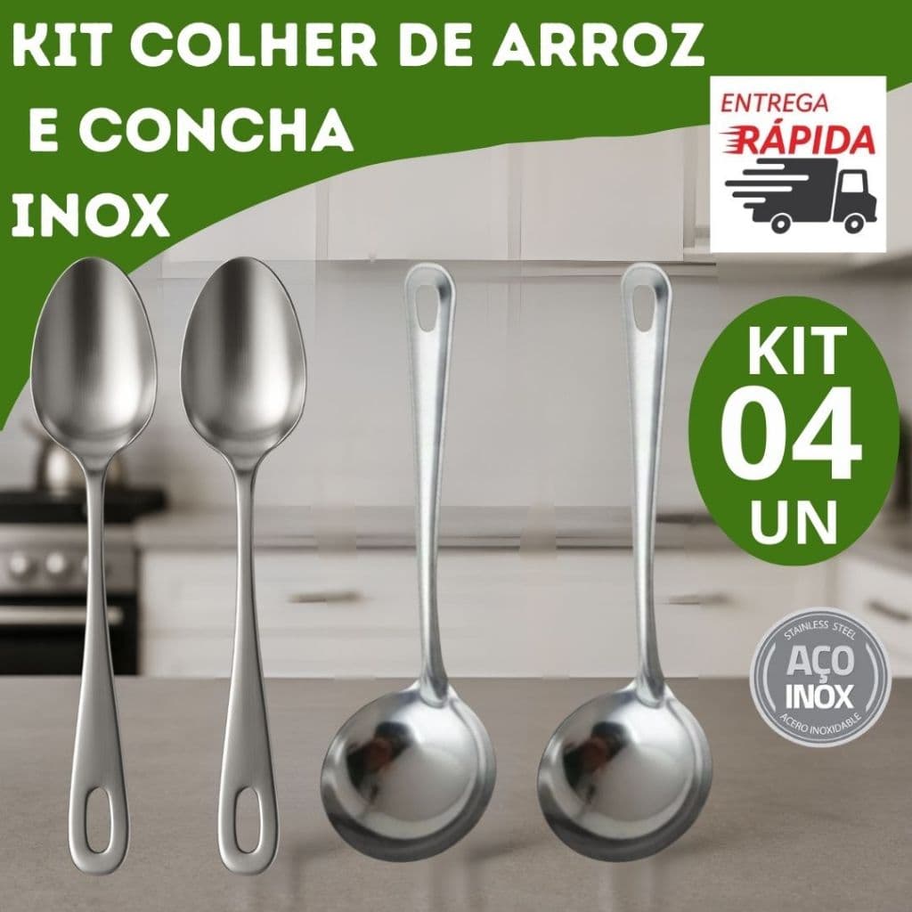 Kit Conjunto Utensílios de Inox Duas conchas e Duas Colheres de Arroz Para Cozinha, Restaurantes e Buffets.