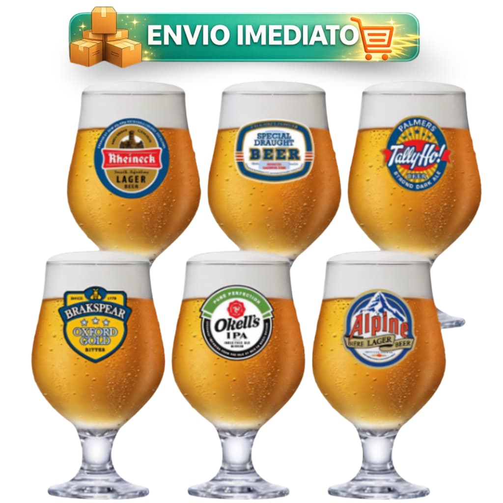 Taças Para Cerveja Chopp Jogo Conjunto 6 Un Frases Rótulo Coleção Happy Hour Festa Belgica Casutil
