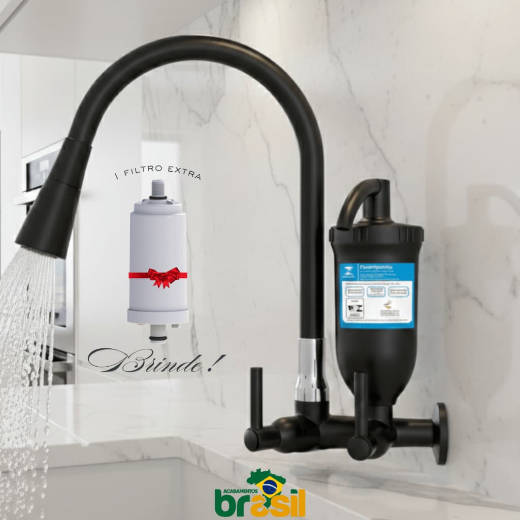 Torneira Gourmet Preta com Filtro de Água Parede Refil incluso + 1 Extra Dupla Função cozinha