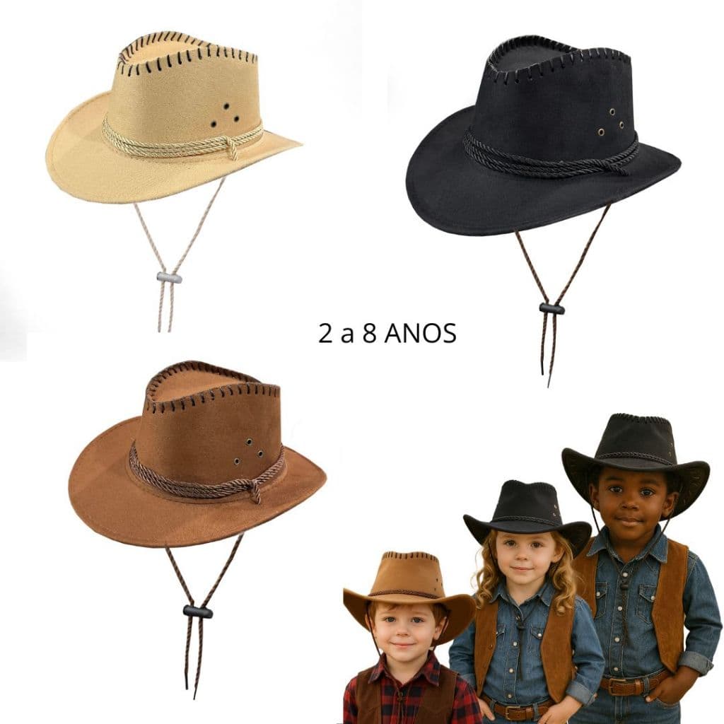 Chapéu Country Infantil Marrom Menino Cowboy Menina 2 a 9 Anos