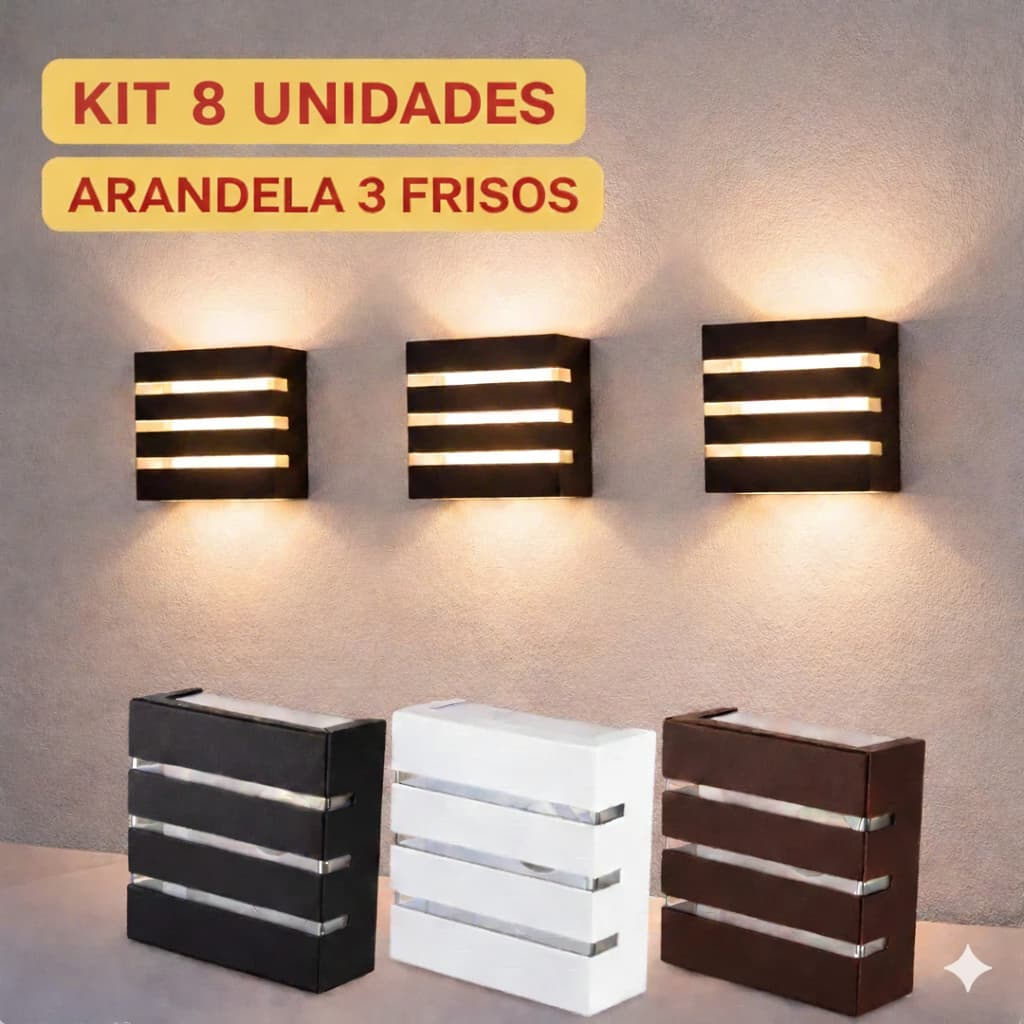 Kit 8un Arandela Slim Luminária 3 Frisos  2 Focos Decoração Moderna Acompanha Lâmpada Led 5w Bivolt