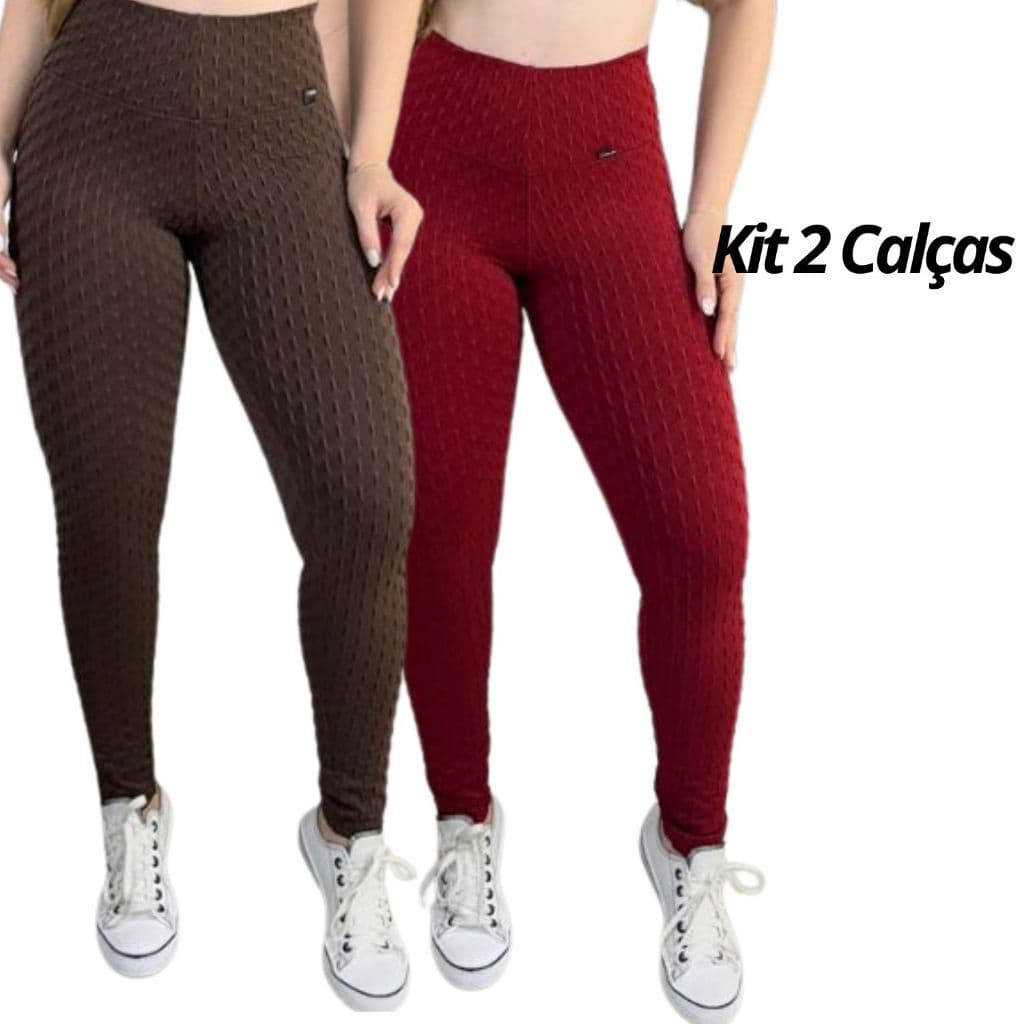 Kit 2 Calças Legging De Academia Feminina Jaquard Bolha Zero Transparência Cos Alto