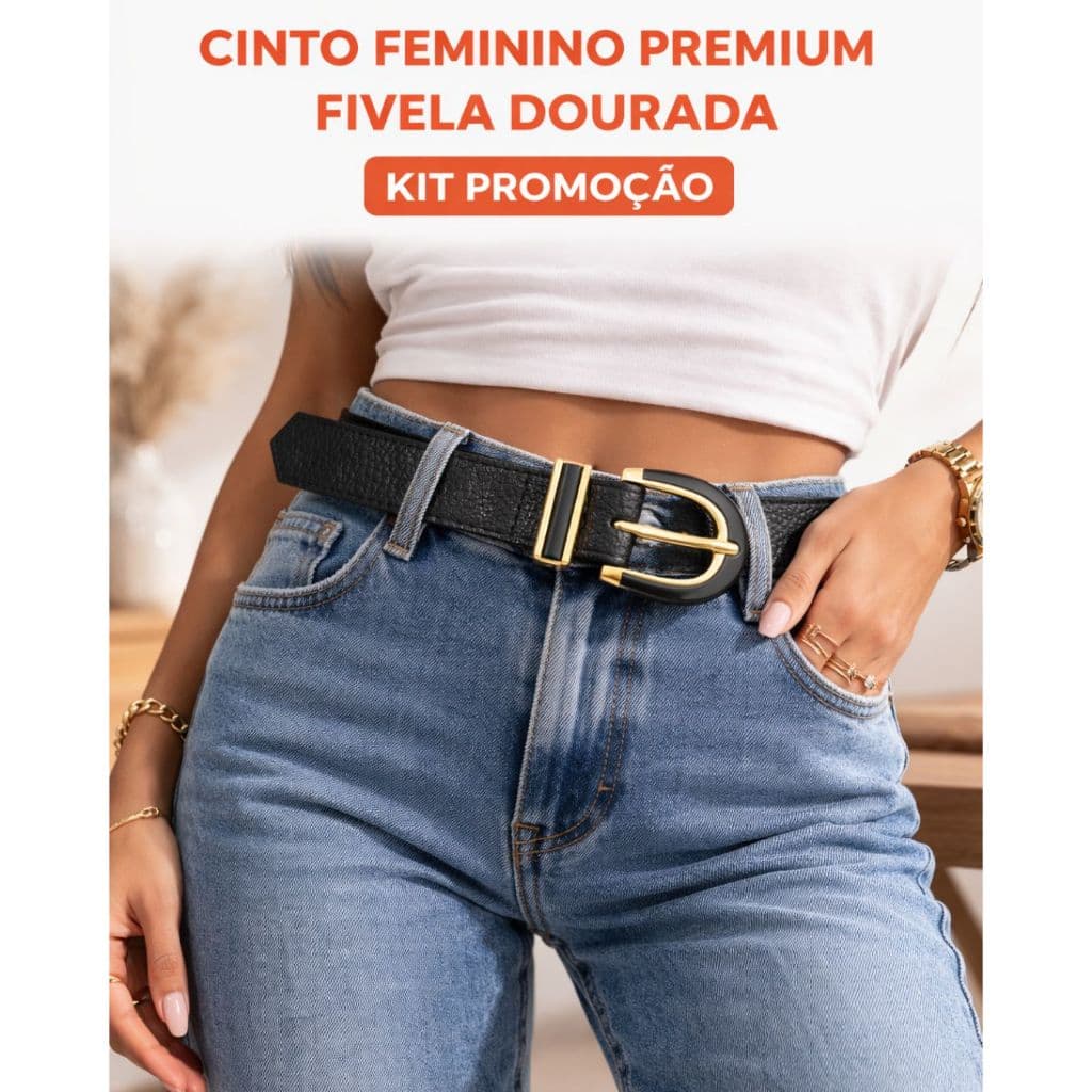 Cinto Feminino Premium Fivela Dourada Couro Sintético Ajustável 115cm Moda Evangélica Jeans Vestido Kit Promoção