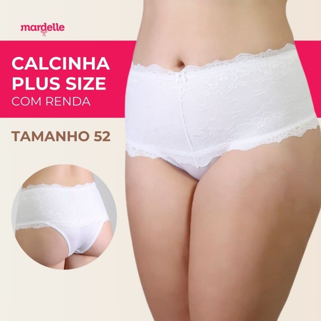 Calcinha Plus Size Branca Com Renda Laterais Largas Cintura Alta Tamanho 52