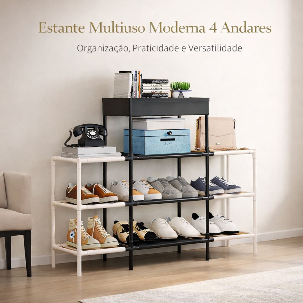 Estante Multiuso 4 Andares, Organizador Modular Quarto, Closet, Hall, Lavanderia, Sapateira