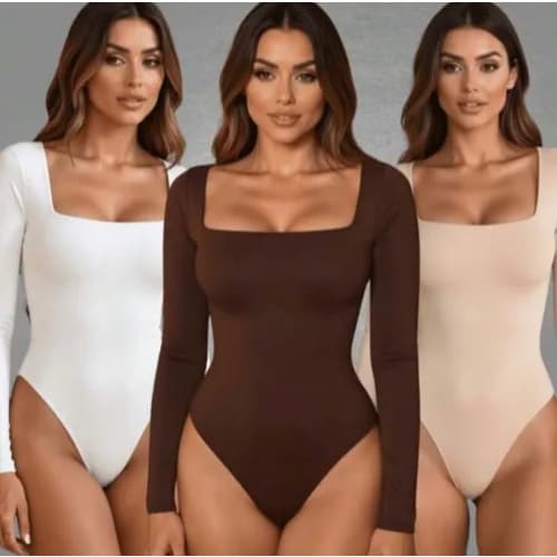 Kit 3  OU 1 Unidade Body Feminino Suplex Manga longa Decote Quadrado Tamanho Único Confortável