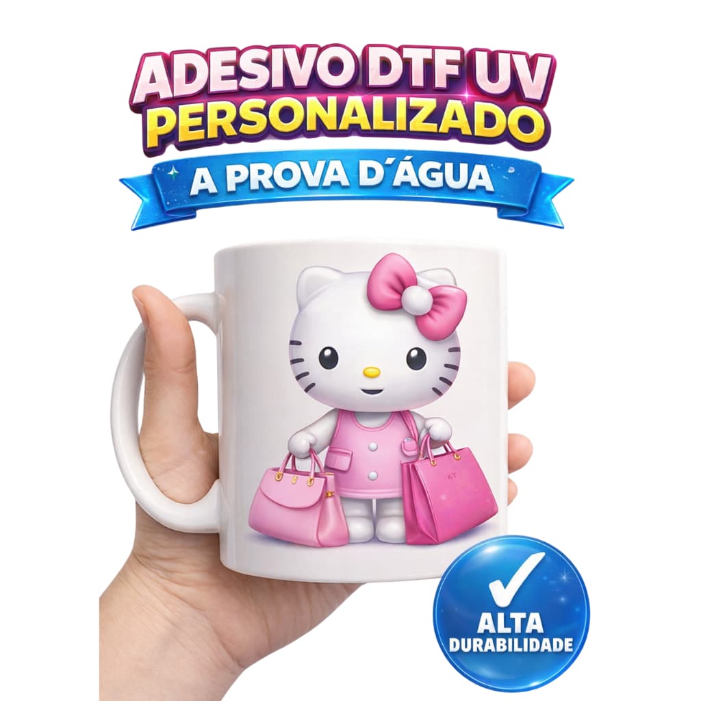 ADESIVOS DTF IMPRESSÃO UV 7,5CM HELLO KITTY A PROVA D' ÁGUA CANECAS COPOS GARRAFAS