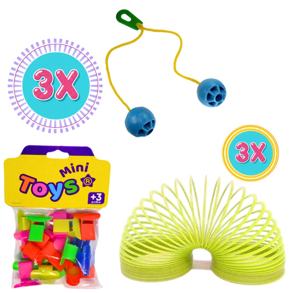 Brinquedos kit Lembrancinha 20 Apitos + 3 Mola Maluca + 3 Bate Bag Beg Bate Bate