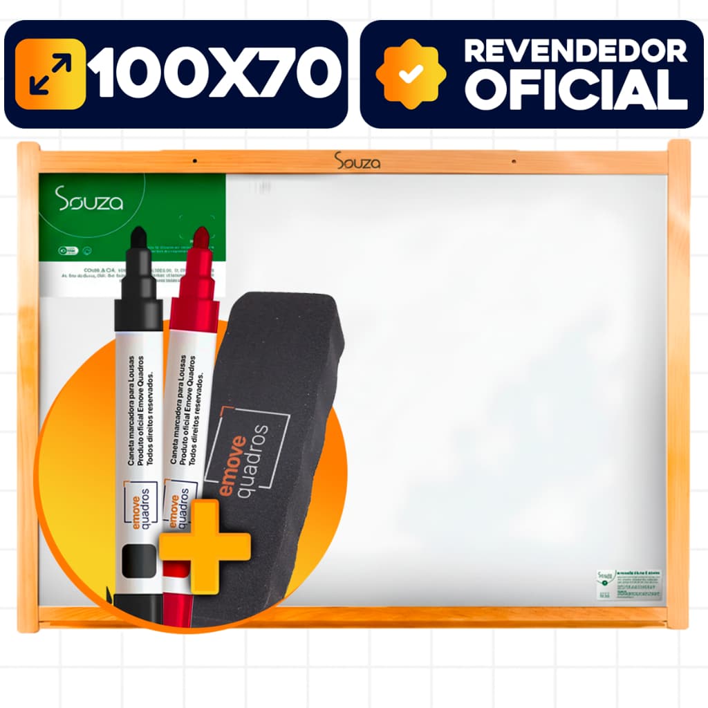 Quadro Branco Lousa 100x70cm Moldura Madeira Souza Lisa Escolar 2x Canetas + 1 Apagador