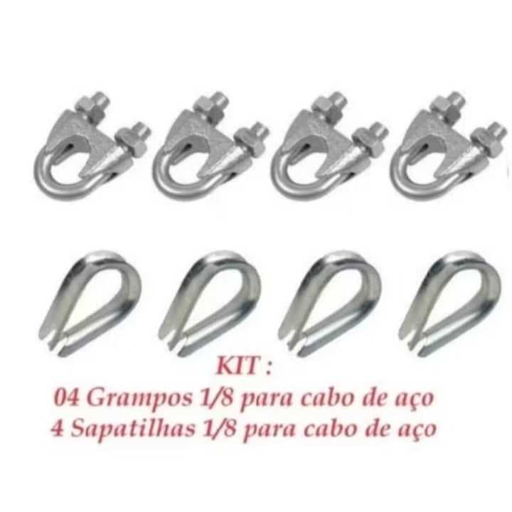 4 Grampos 1/8 e 4 Sapatilhas 1/8 para cabo de aço