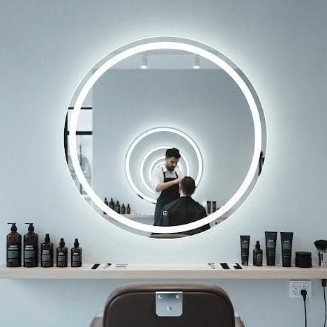 Espelho Redondo Sofisticado Elegante Barbearia Jateado Decorativo com Luz de Led 3 tons Premium Luxo