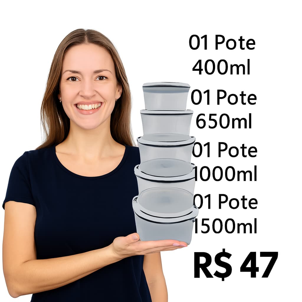 Kit De 5 Potes Herméticos Plastico Pra Mantimentos Micro-ondas Alimentos Geladeira Frutas Marmita