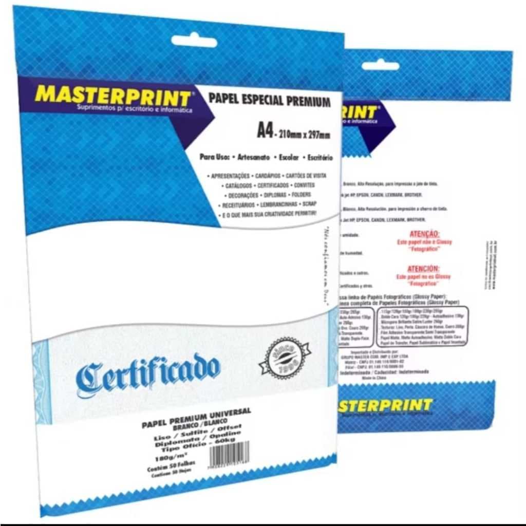 Papel Certificado Premium Branco A4 180g 50 Folhas Branco