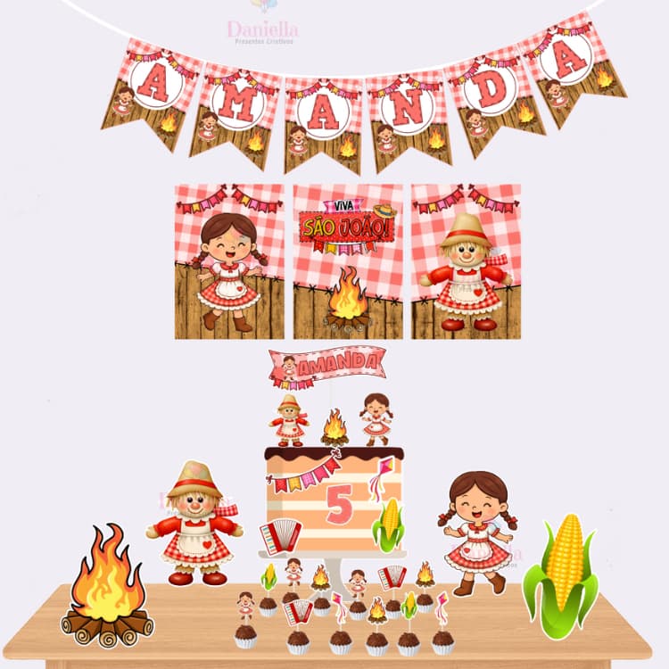 Kit Festa Só um Bolinho Festa Junina/São João/Kit Decoração Festa em Casa Tema Festa Junina Menina
