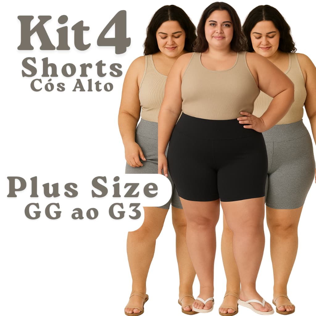 Kit 4 ou 3 Shorts Suplex Plus Size Feminino Cintura Alta Modelador Confortável e Resistente GG ao G3
