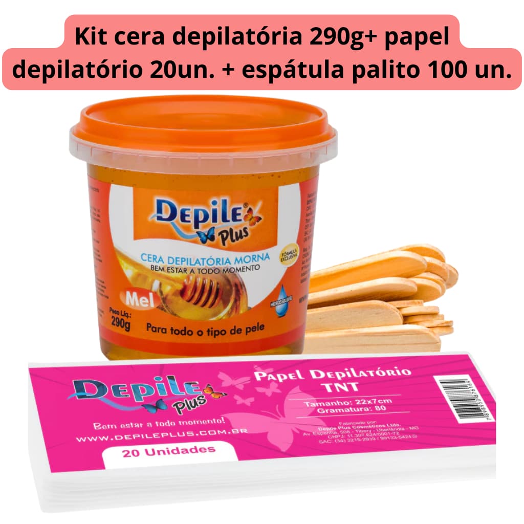 Kit Cera Hidrossolúvel 290g + Espátula Palito (Larga) 100 uni. + Papel TNT 20 uni. Depile Plus