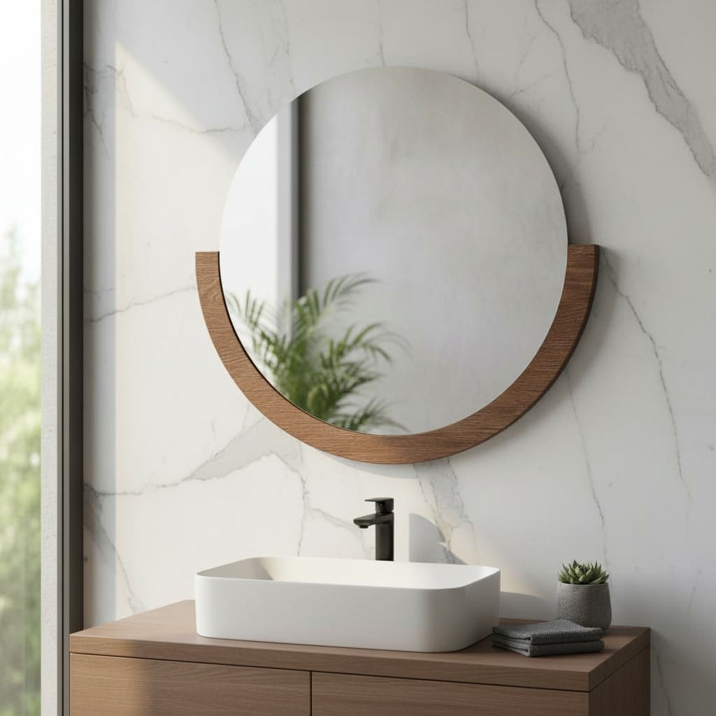 Espelho Redondo Meia Lua com Moldura em MDF estilo Moderno Decorativo para Banheiro Sala Quarto com Suporte