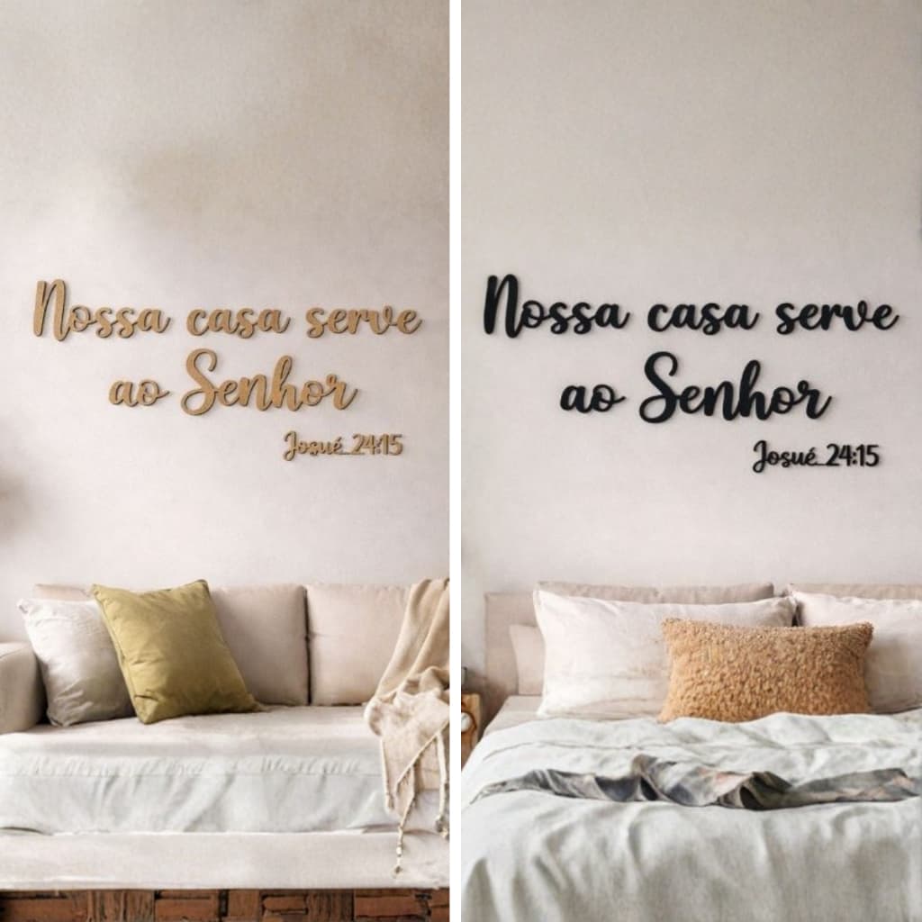 Frase Nossa Casa Serve ao Senhor Bíblico Decorativo em MDF Para Parede Com Dupla Face