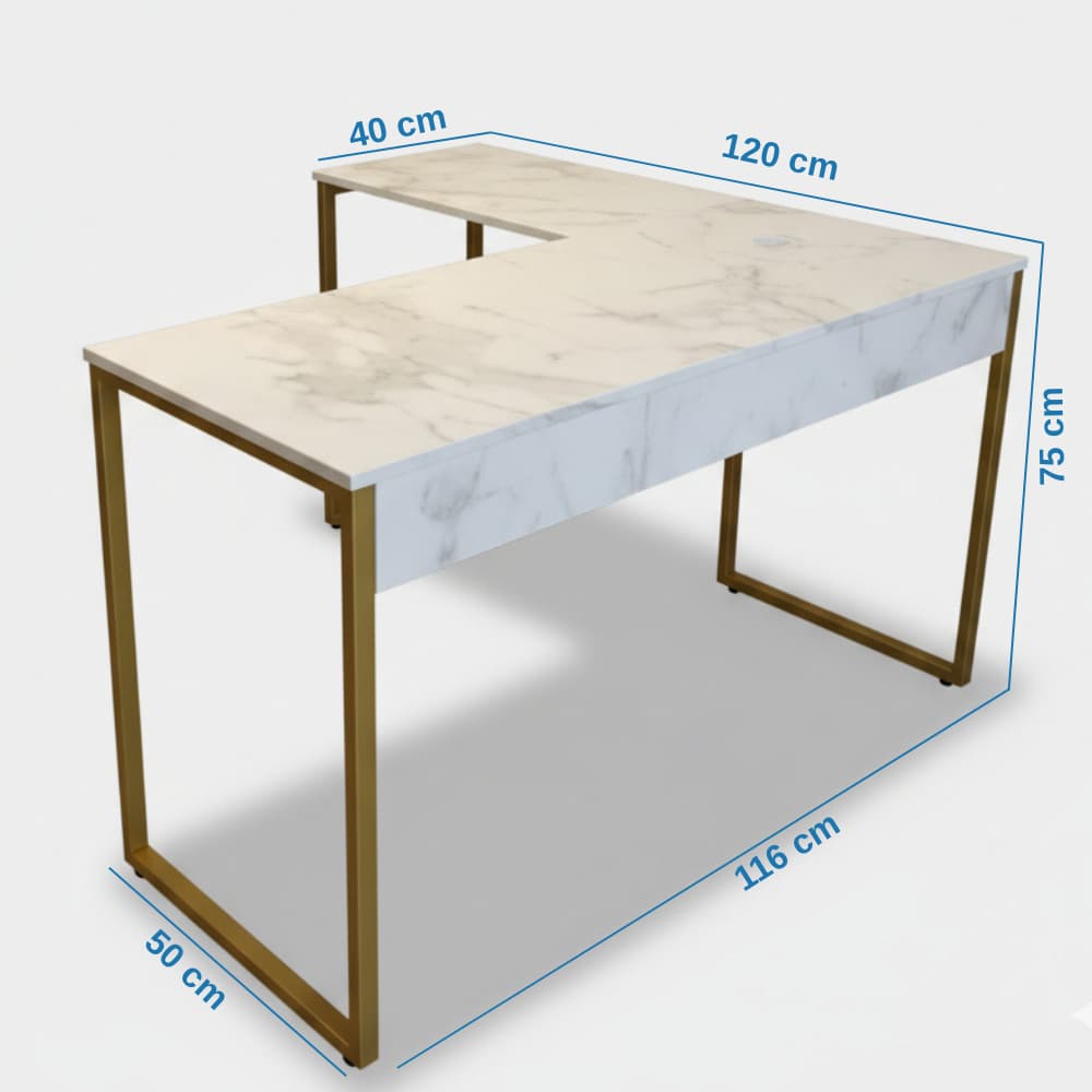 Mesa Escrivaninha L 120 cm Escritório Home Industrial Pé Metal Dourado Tampo MDF Quarto Canto