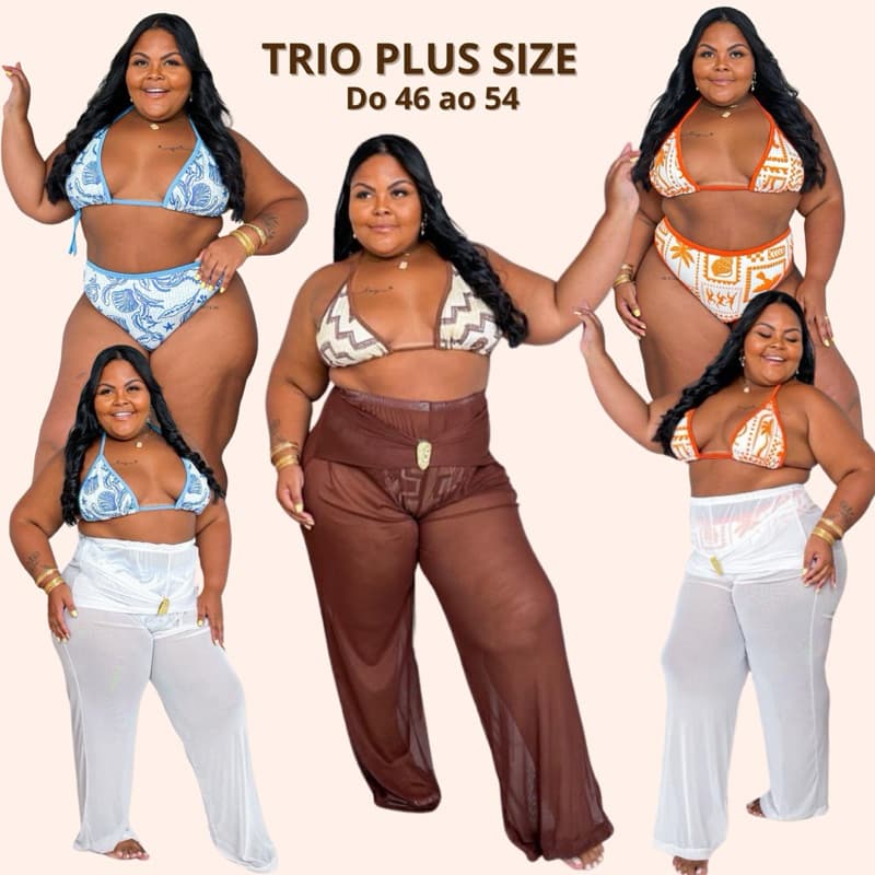 Biquini Triquini Plus Size Calcinha Hot Pants Cintura Alta Trio 3 Peças Calça Cortininha Trikini Plus Saize