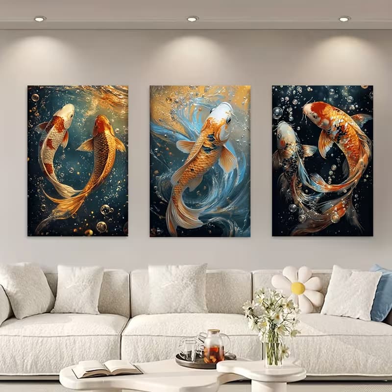 Kit 3 Quadros Decorativos Peixes Carpa Koi Luxo Arte Oriental Carpas Douradas Sem Furar Parede