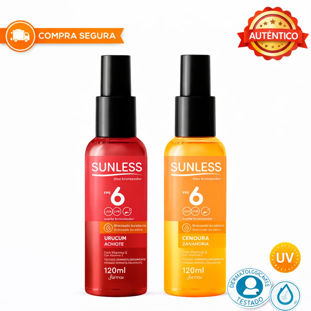 Kit C/2 Óleo Bronzeador Urucum & Cenoura com Vit E FPS 6 Sunless Bronze Natural 120ml Envio Imediato