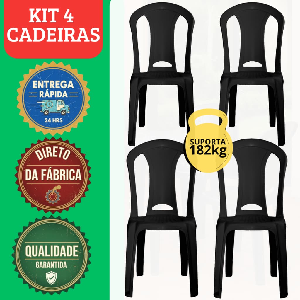 Kit Jogo 4 Cadeiras 182kg Plástica Resistente Bistrô de Plástico Preta Jardim Lanchonete