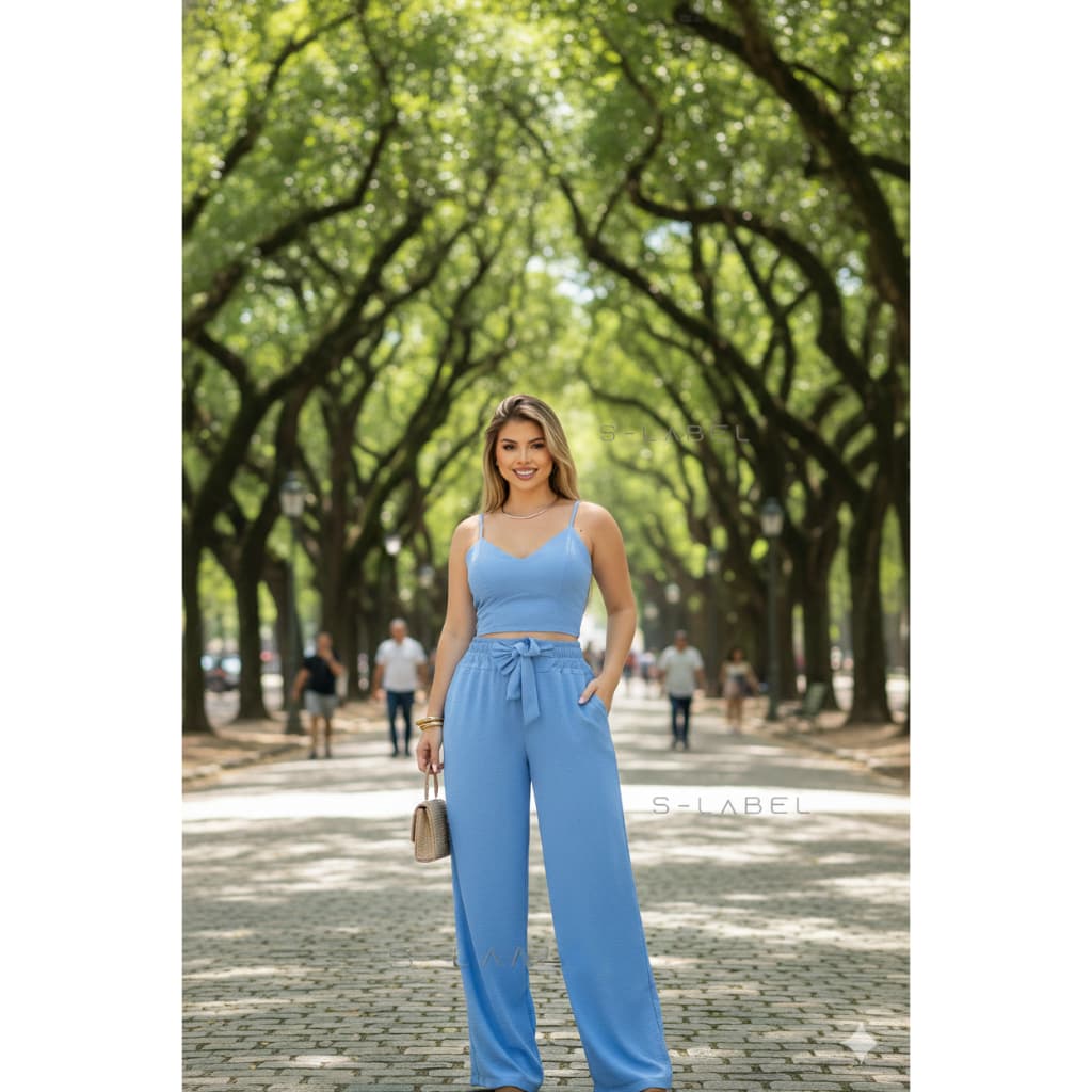 Conjunto Feminino Calça E Cropped com Alças Ajustável Cintura com Elástico Na Costa  Elegante Social Tendencia 2026
