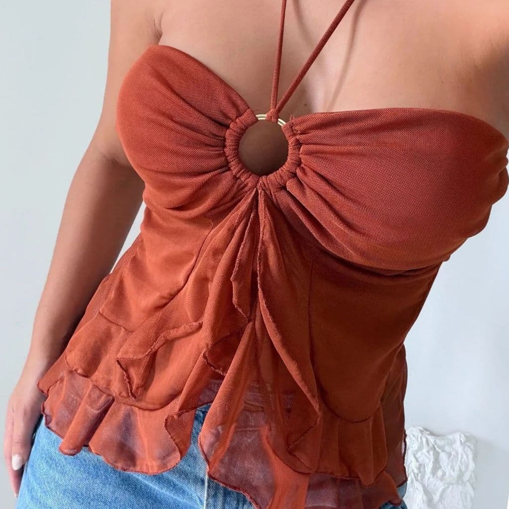 Batinha Feminina Sofia com Alça de Amarração e Babados Tendência Candy Boho Tule Poliamida