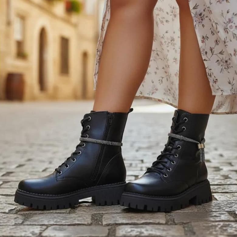 Coturno cano medio Strass removível Bota feminina ziper tratorada com brilho