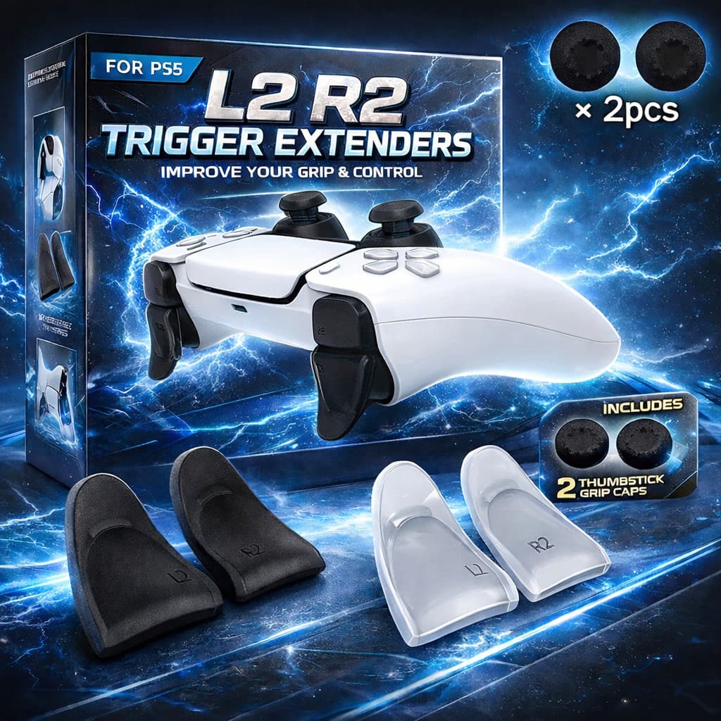 Botão Extensor do L2, R2 P/ Controle PS5 Par de Gatilho Alongador + 2 Grips Controle Ps5