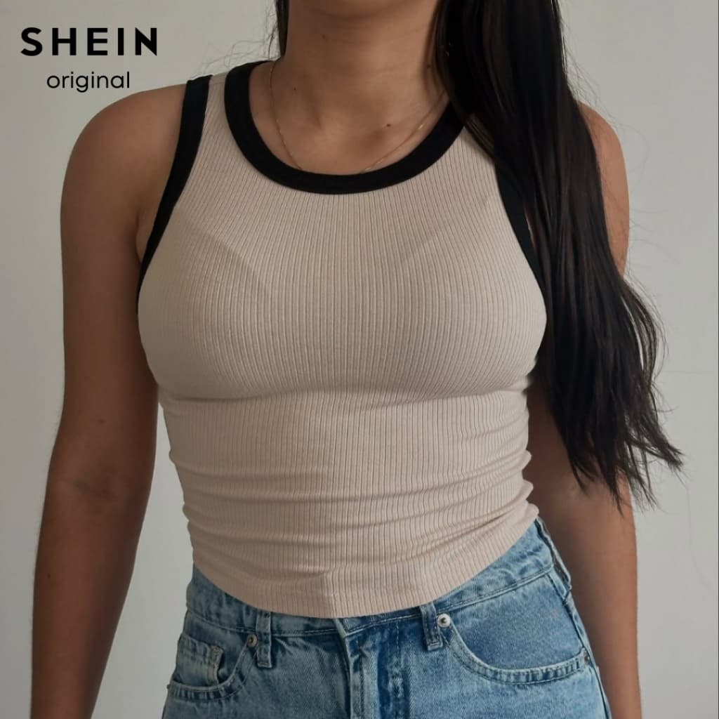 Regata Feminina Canelada Bege e Preta XS Justinha, Confortável e Moderna Brecho Bazar Shein