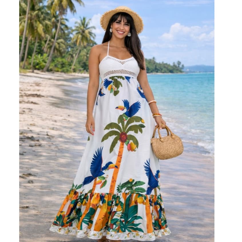 Vestido Longo Crochê Feminino Costas Nuas Estampa Tropical Arara Verão