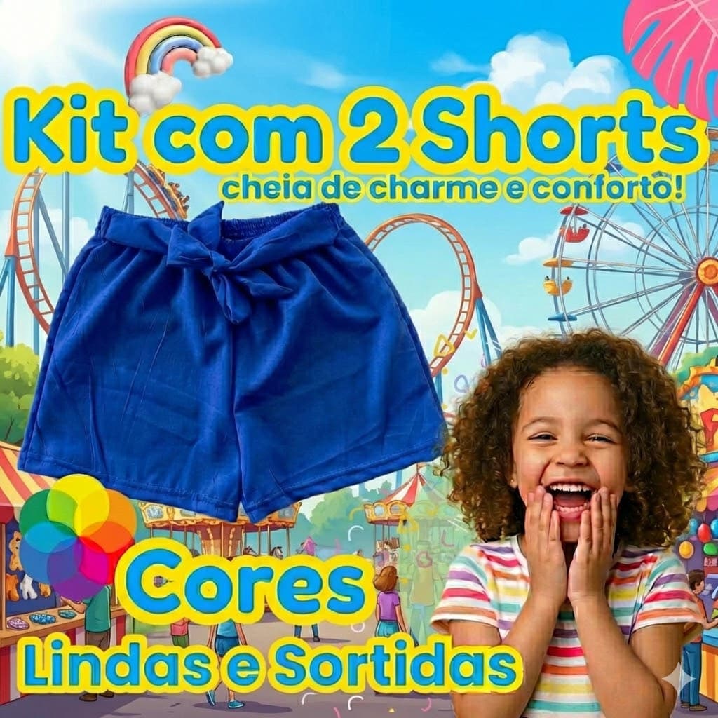 Kit 2 Peças Shorts Infantil Feminino Cintura Elástica Verão Conforto