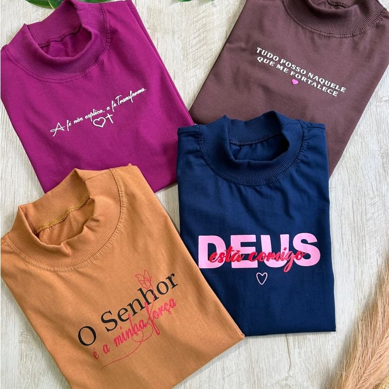 Blusa Feminina Gola Alta Elegante Algodão Premium Macia  Estampada Tshirt Camiseta Básica Casual Moda Evangélica