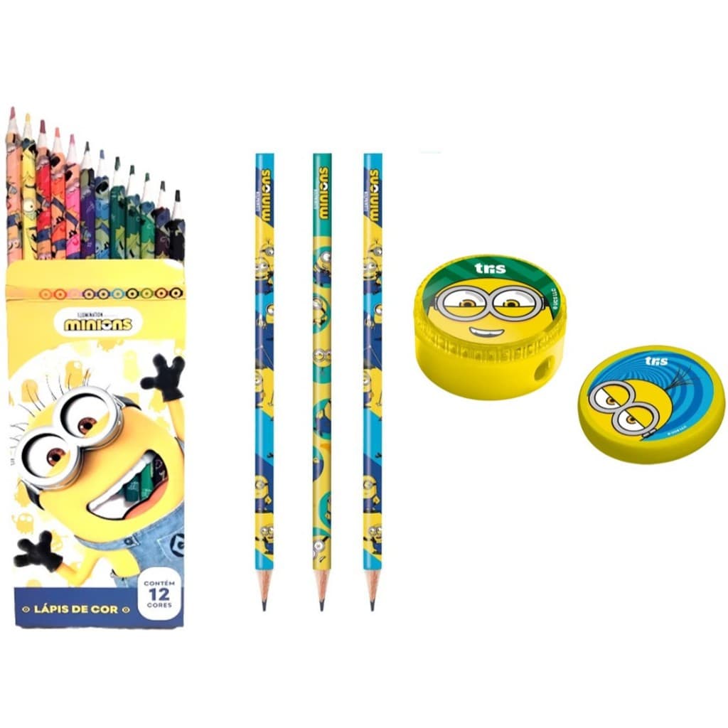 Kit Escolar Minions – Lapis HB + Lápis de Cor 12 Cores + Apontador + Borracha  Material Escolar Infantil