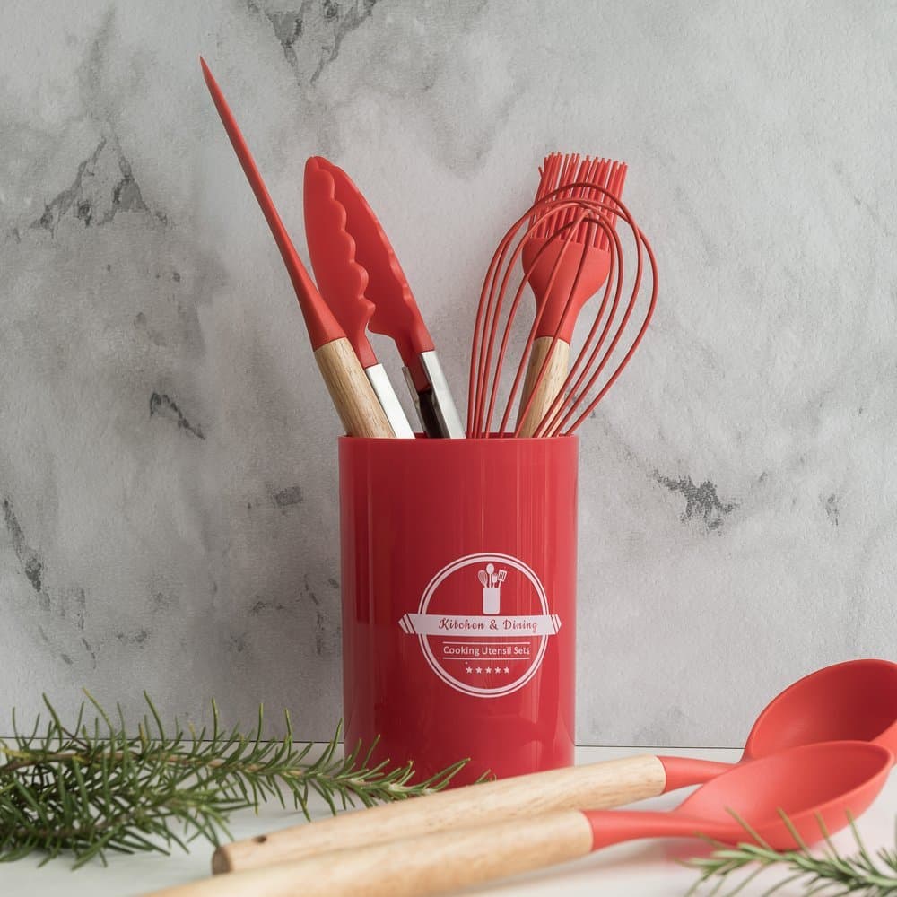 Jogo de Cozinha Kit C/7 Peças de Silicone, Utensílios e Copo Suporte para Cozinha Cabo de Madeira