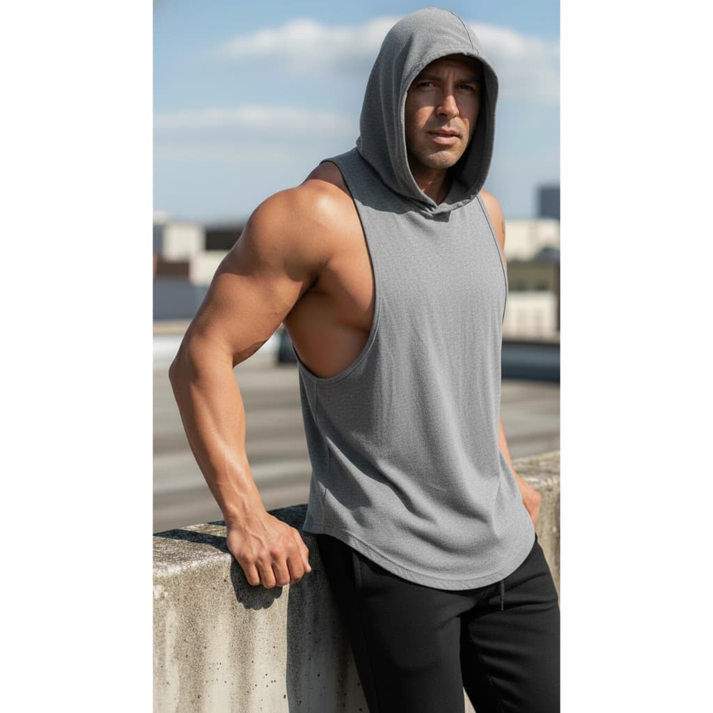 Regata com Capuz, Absorve Suor, Seca Rápido, Musculação Bodybuilder Longline Academia Treino Maromba