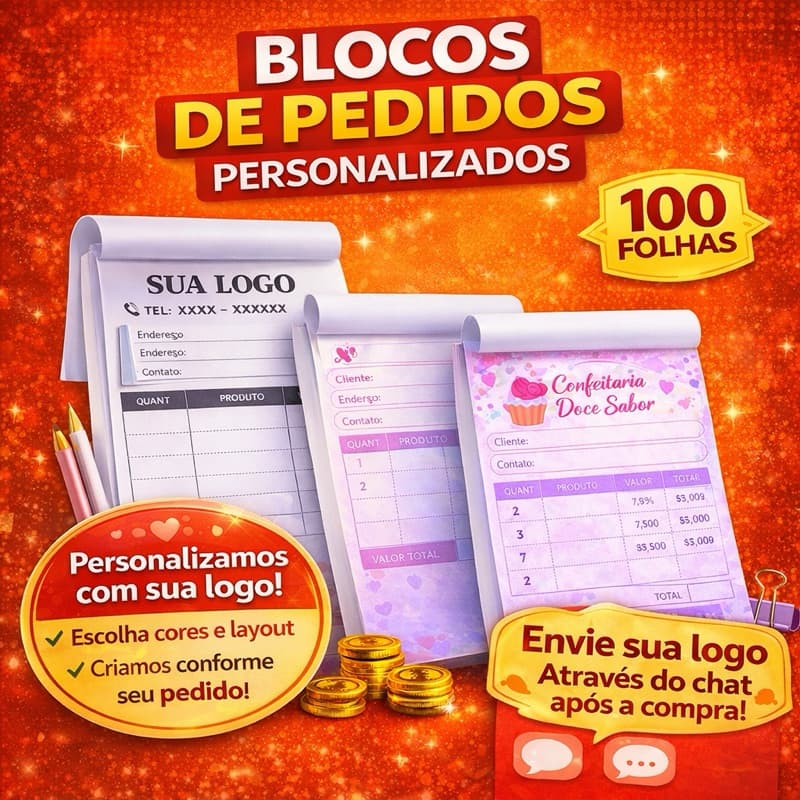 Bloco de Pedido Personalizado 100 Folhas com Logo | Talão para Loja, Confeitaria, Delivery | Arte Exclusiva